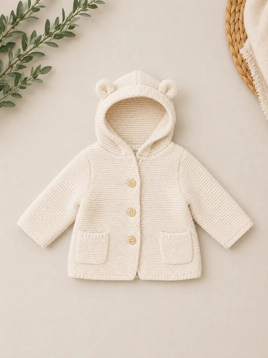 Cream knit baby hoodie with bear ears and wooden buttons