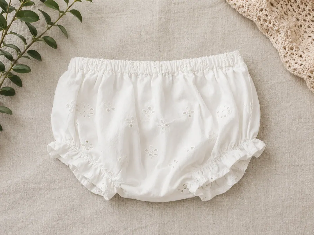 White eyelet baby bloomers with ruffle hems