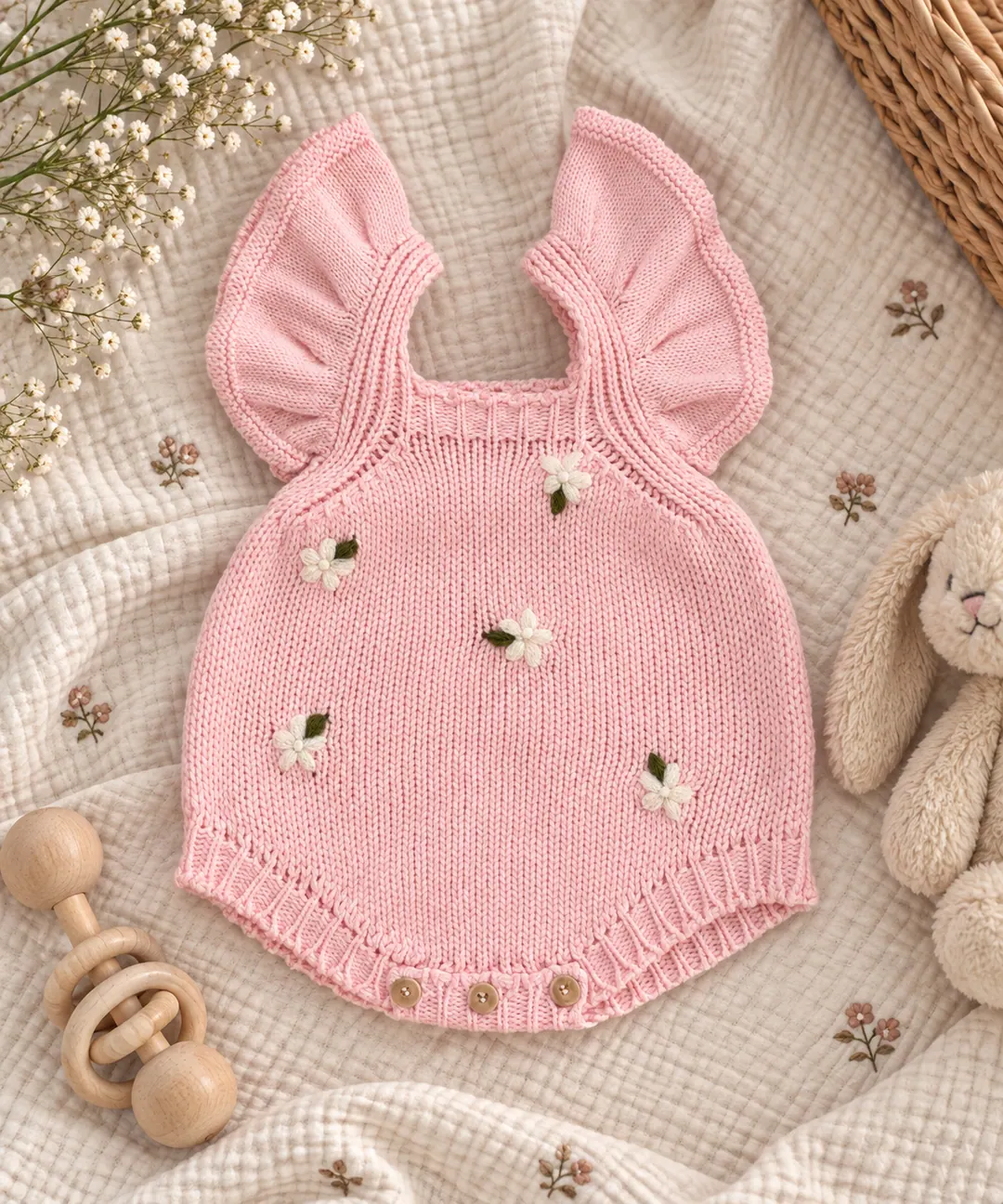 Pink knit baby romper with flutter sleeves and embroidered flowers