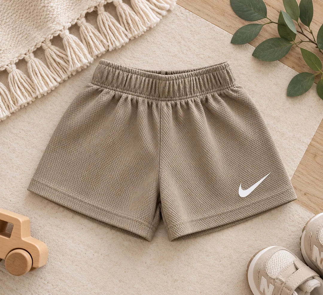 Tan Nike baby shorts with a white swoosh