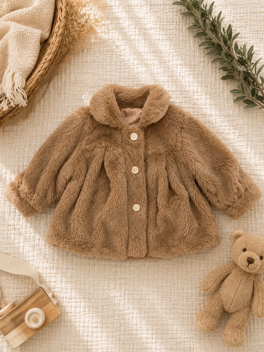 Camel faux-fur baby coat with round buttons