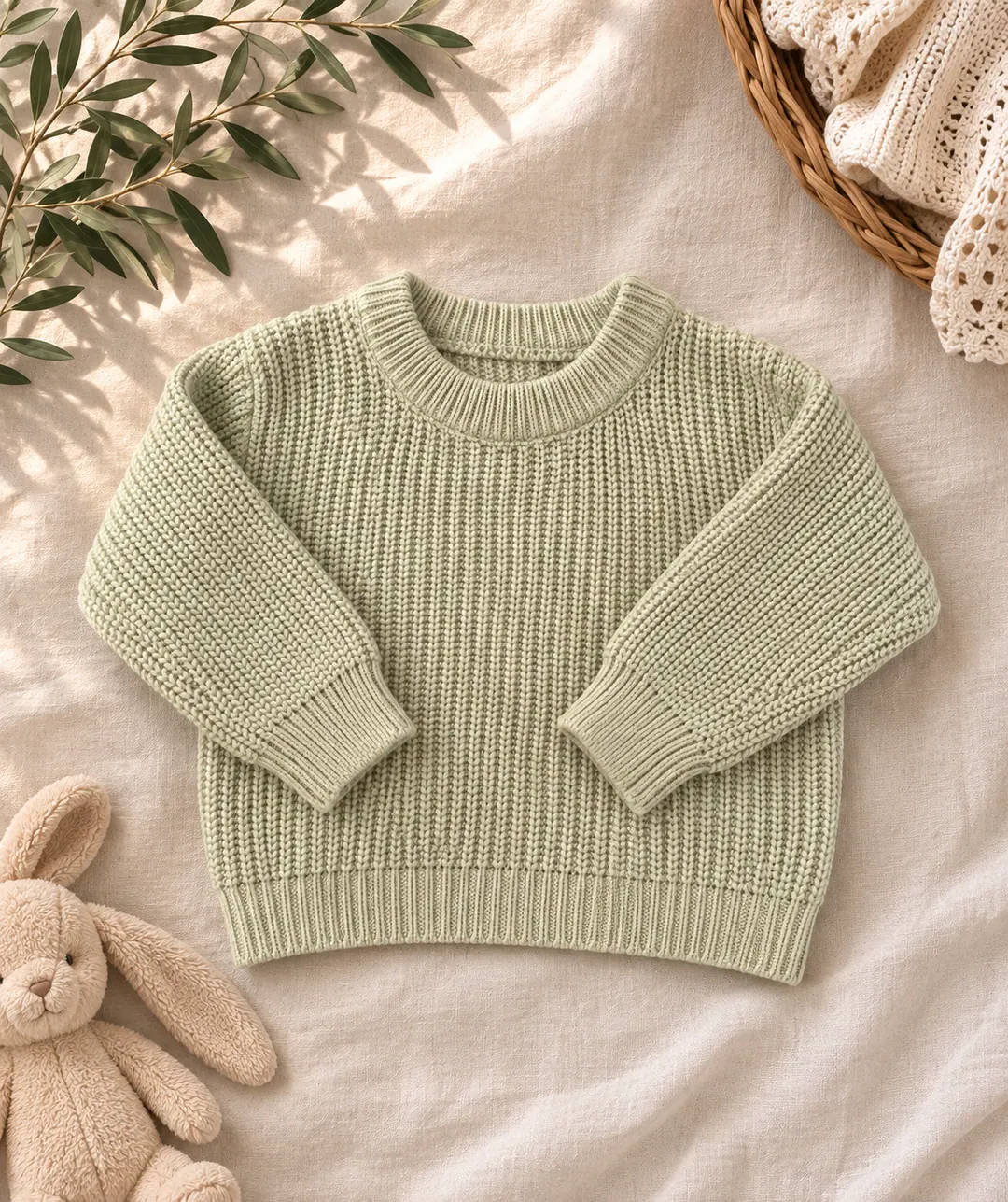 Sage green ribbed knit baby sweater